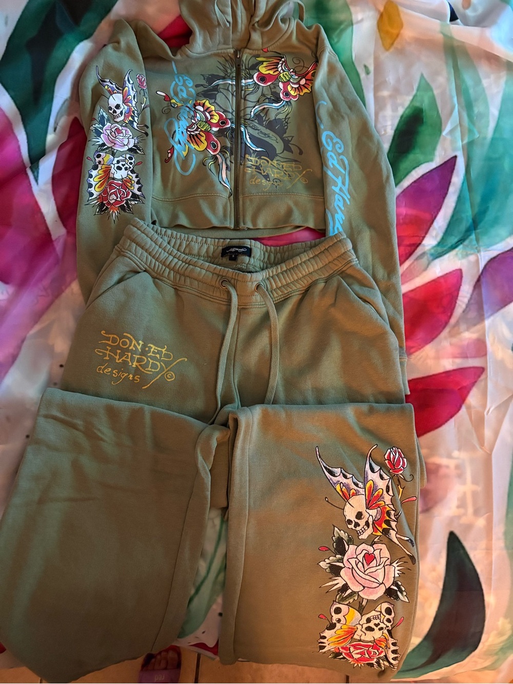 Ed Hardy Olive Green Floral Skull Track Joggers with Tattoo-Inspired Graphics